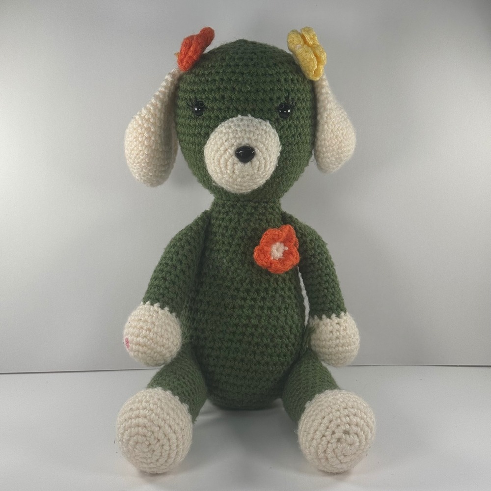 Handmade Crochet Amigurumi Dog Plush‎ Forest Green Cream Flower Details 12.5in